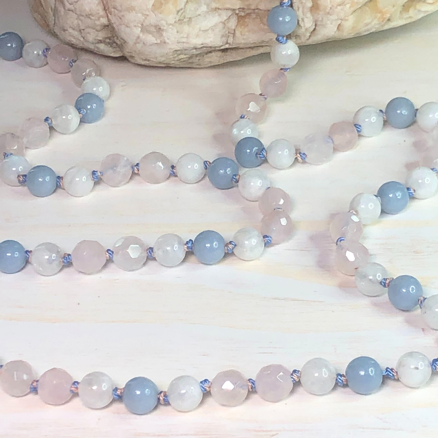 Rose Quartz, Moonstone, and Angelite Mala