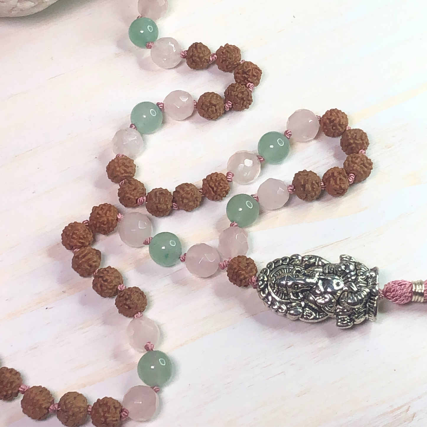 Rose Quartz, Green Aventurine & Rudraksha Mala with Ganesha Charm