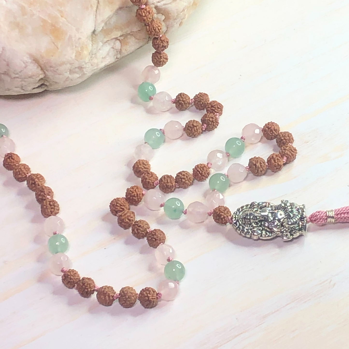 Rose Quartz, Green Aventurine & Rudraksha Mala with Ganesha Charm