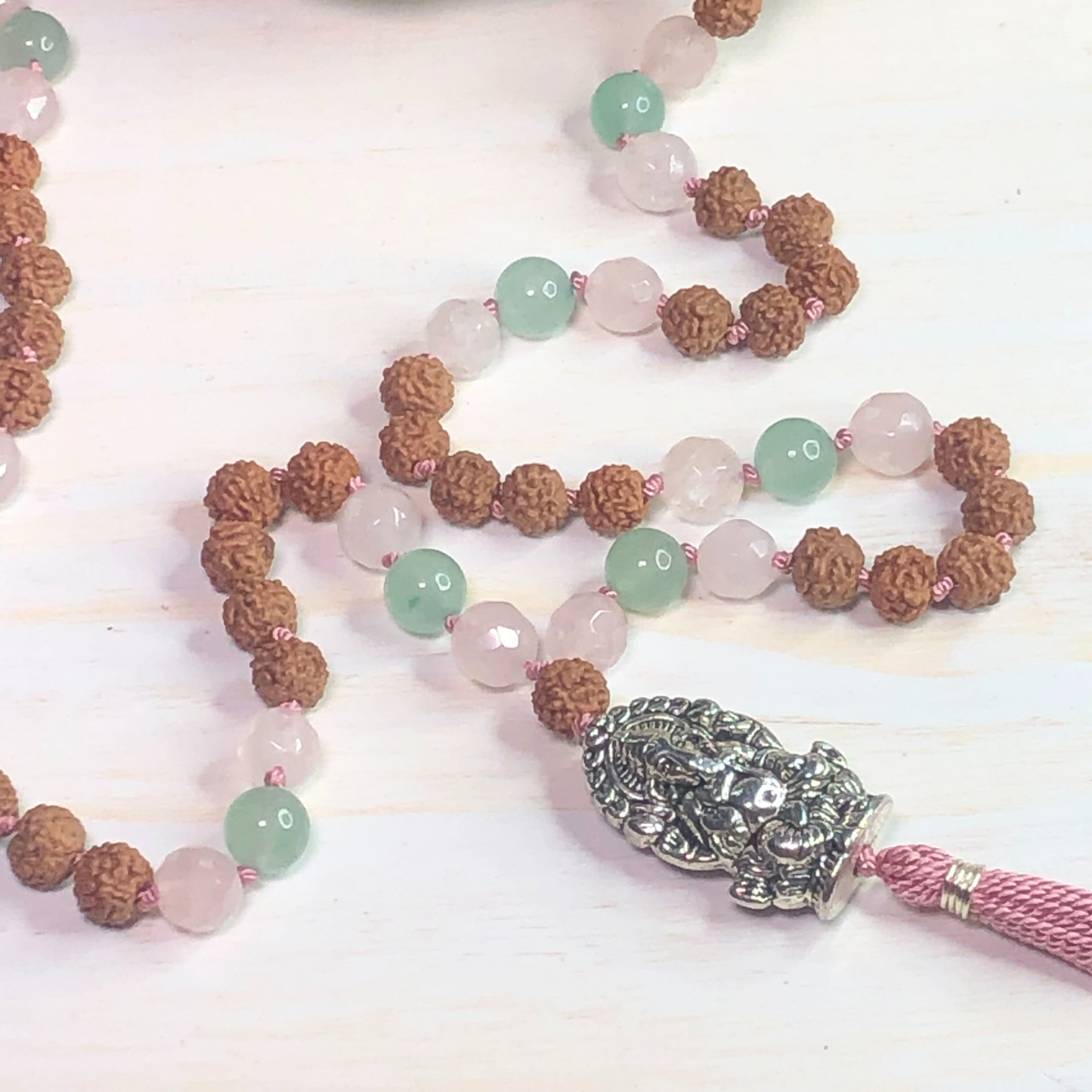 Rose Quartz, Green Aventurine & Rudraksha Mala with Ganesha Charm