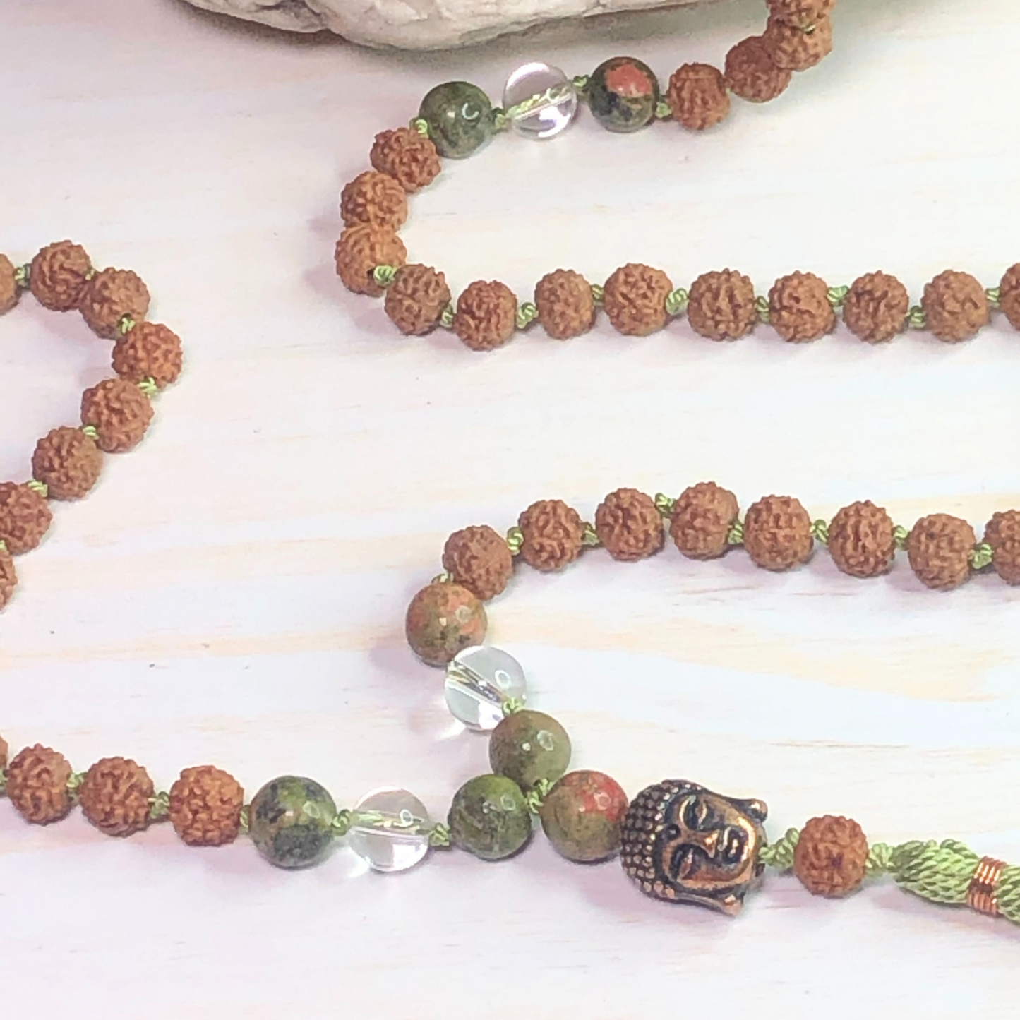 Unakite, Peruvian Clear Quartz & Rudraksha Mala with Buddha Charm