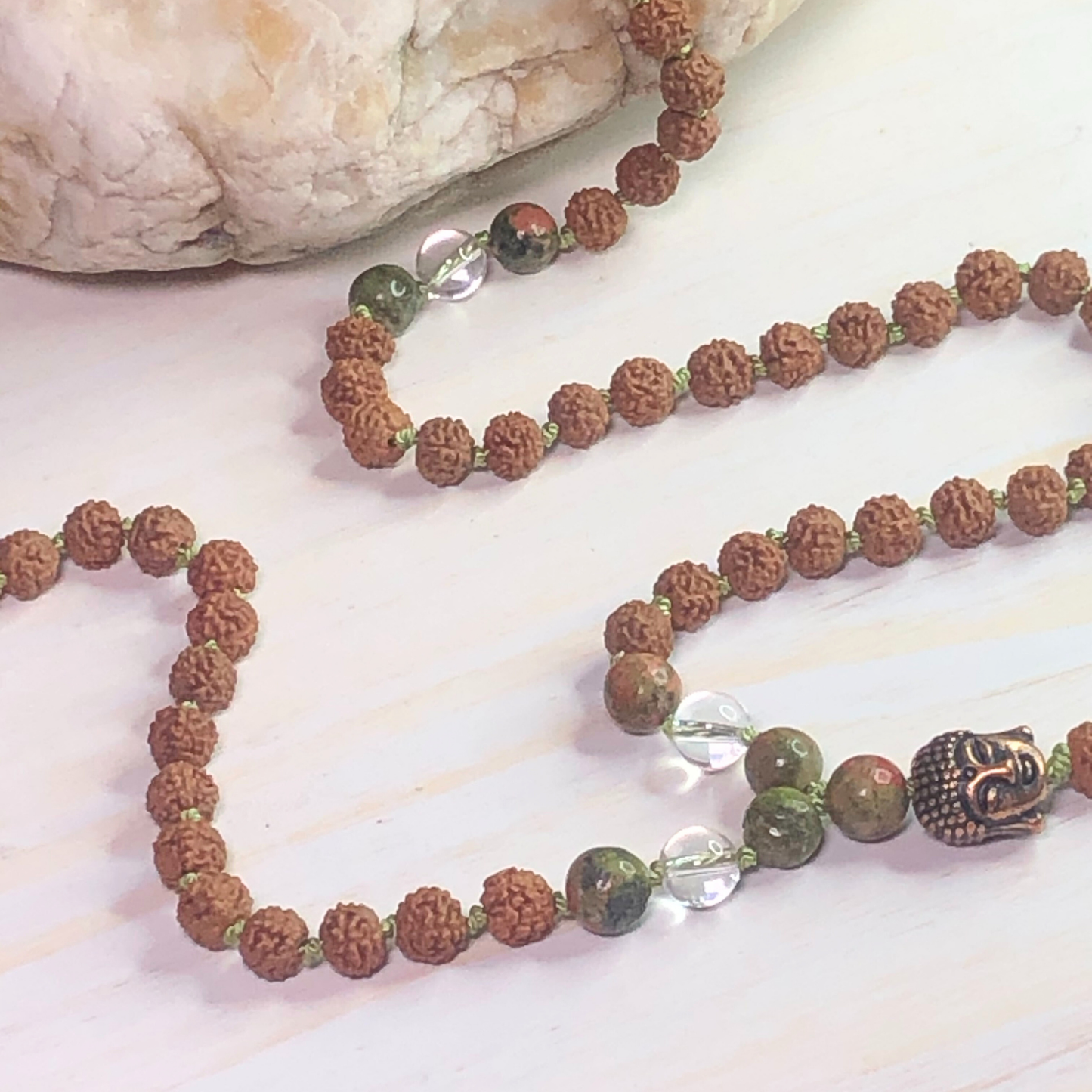 Unakite, Peruvian Clear Quartz & Rudraksha Mala with Buddha Charm