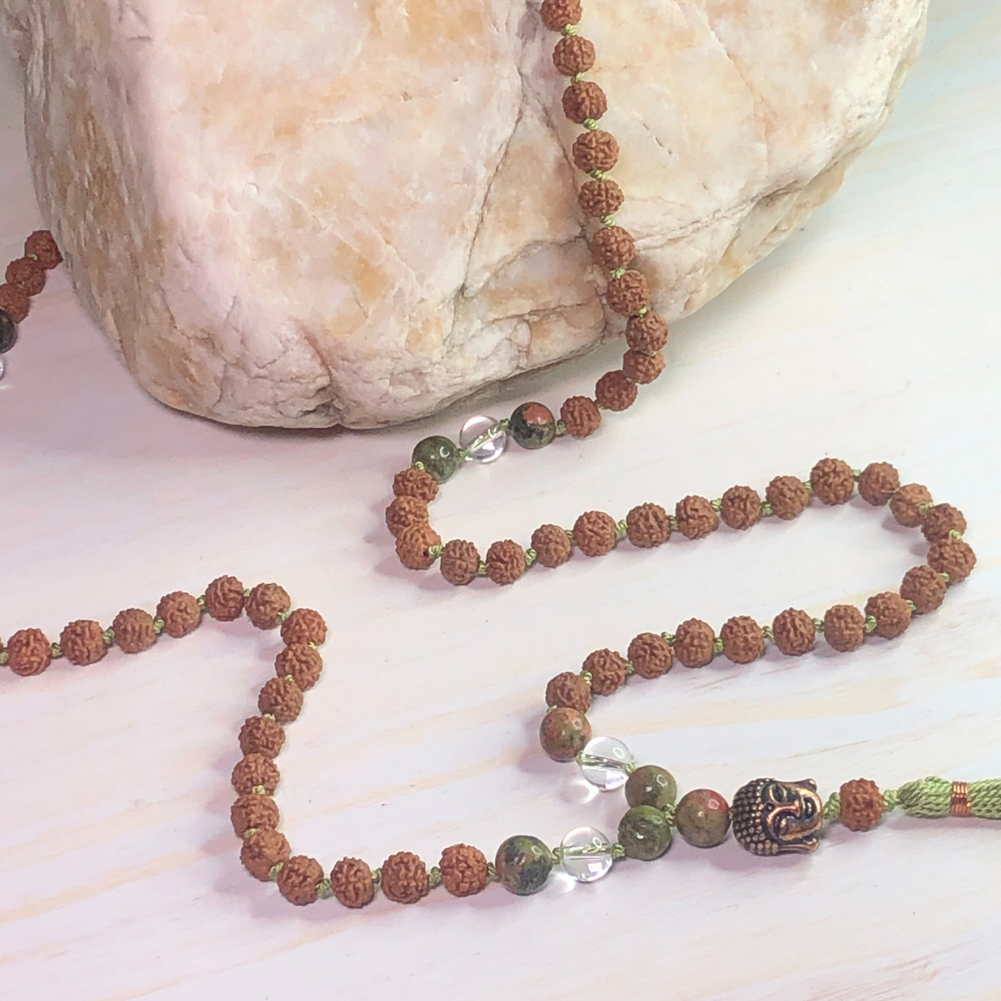 Unakite, Peruvian Clear Quartz & Rudraksha Mala with Buddha Charm